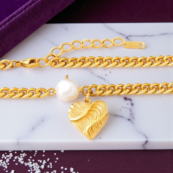 Cuban Chain Trendy Necklace Pearl Accent 18K Gold-Plated Stainless Steel - Picture 9 of 11